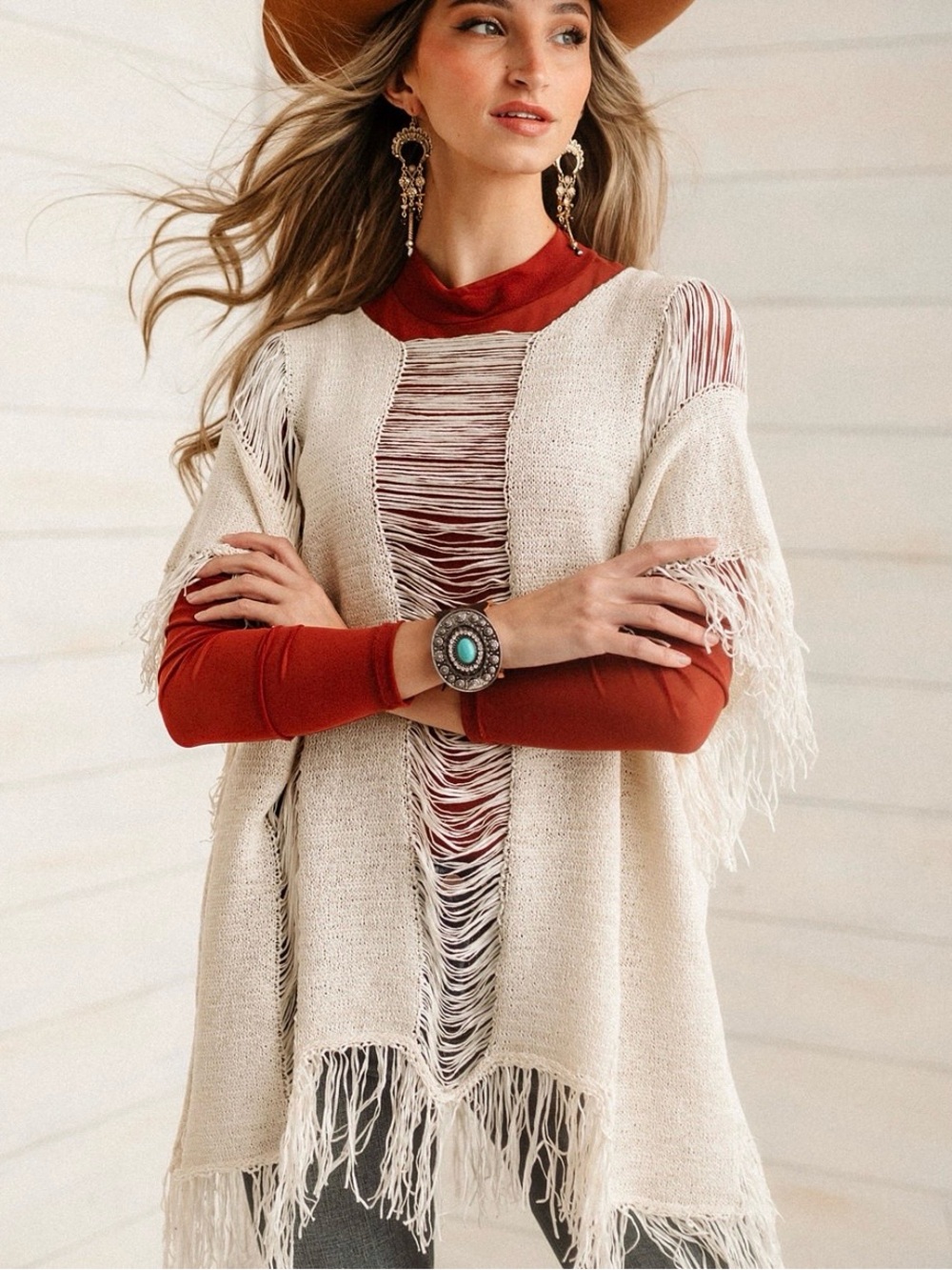 WOMEN’S Cream Fringe Open-Knit  Poncho NWOT
